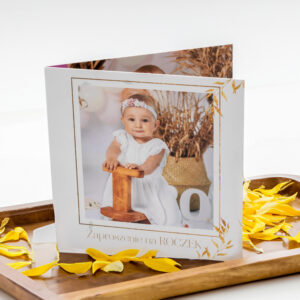 Zaproszenie personalizowane kartka HD 15×15 cm składana ze zdjęciem – roczek, Komunia, urodziny, chrzest